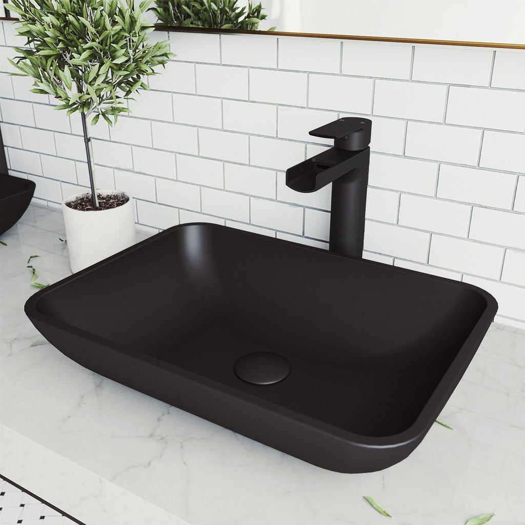 VIGO Sottile MatteShell Blue Bathroom Sink/Basin Set with Amada Faucet and Glass Rectangular Vessel