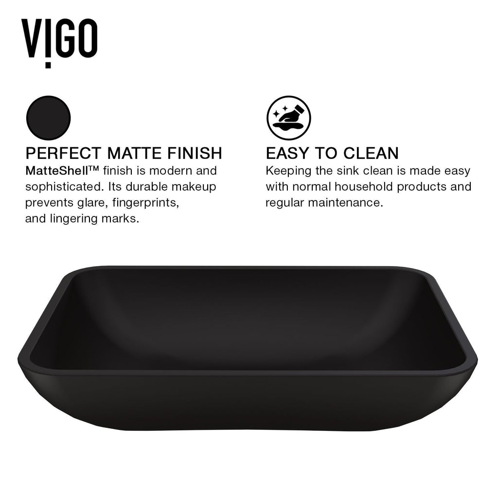VIGO Sottile MatteShell Matte Black Bathroom Sink/Basin Set with Cass Faucet and Glass Rectangular Vessel