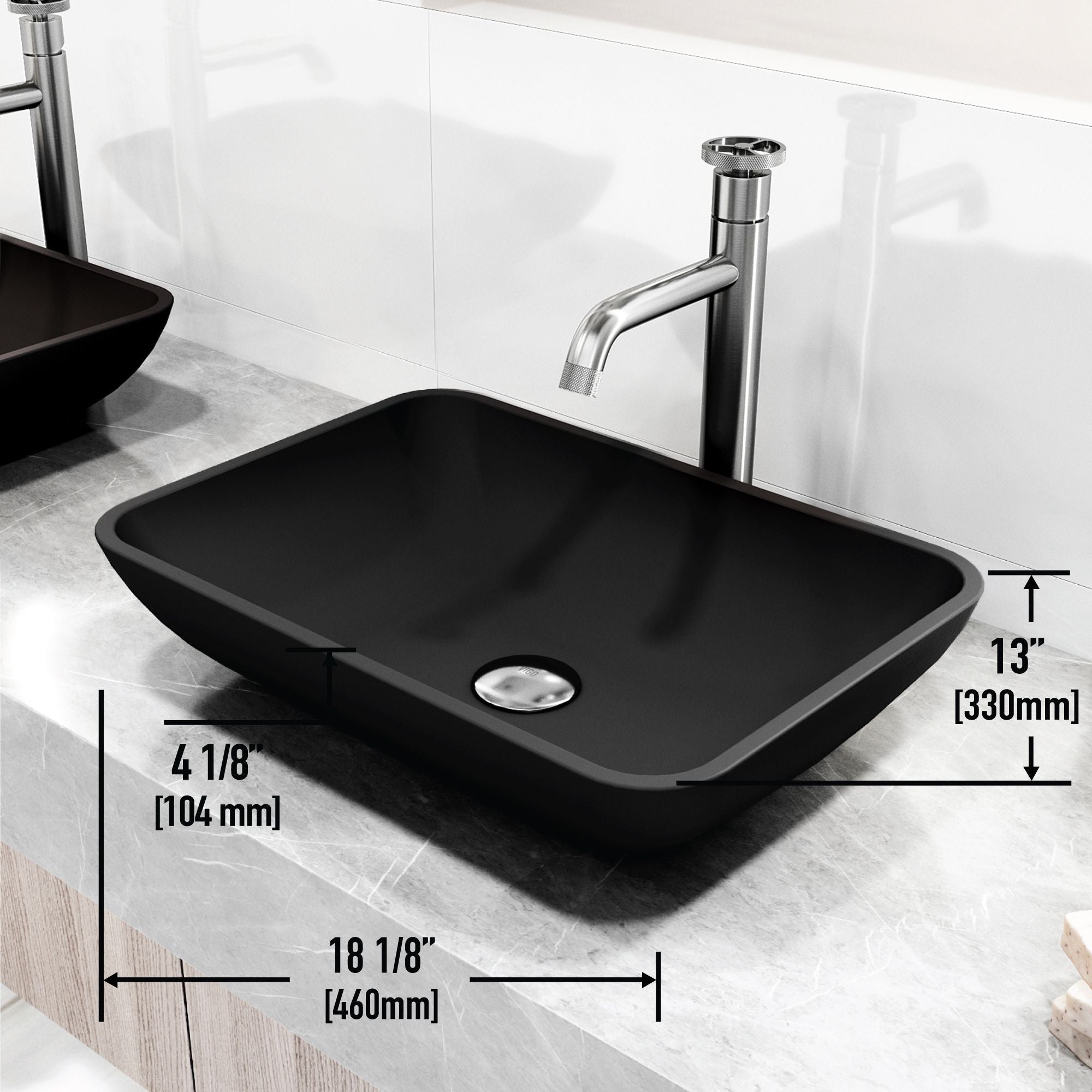 VIGO Sottile MatteShell Matte Black Bathroom Sink/Basin Set with Cass Faucet and Glass Rectangular Vessel