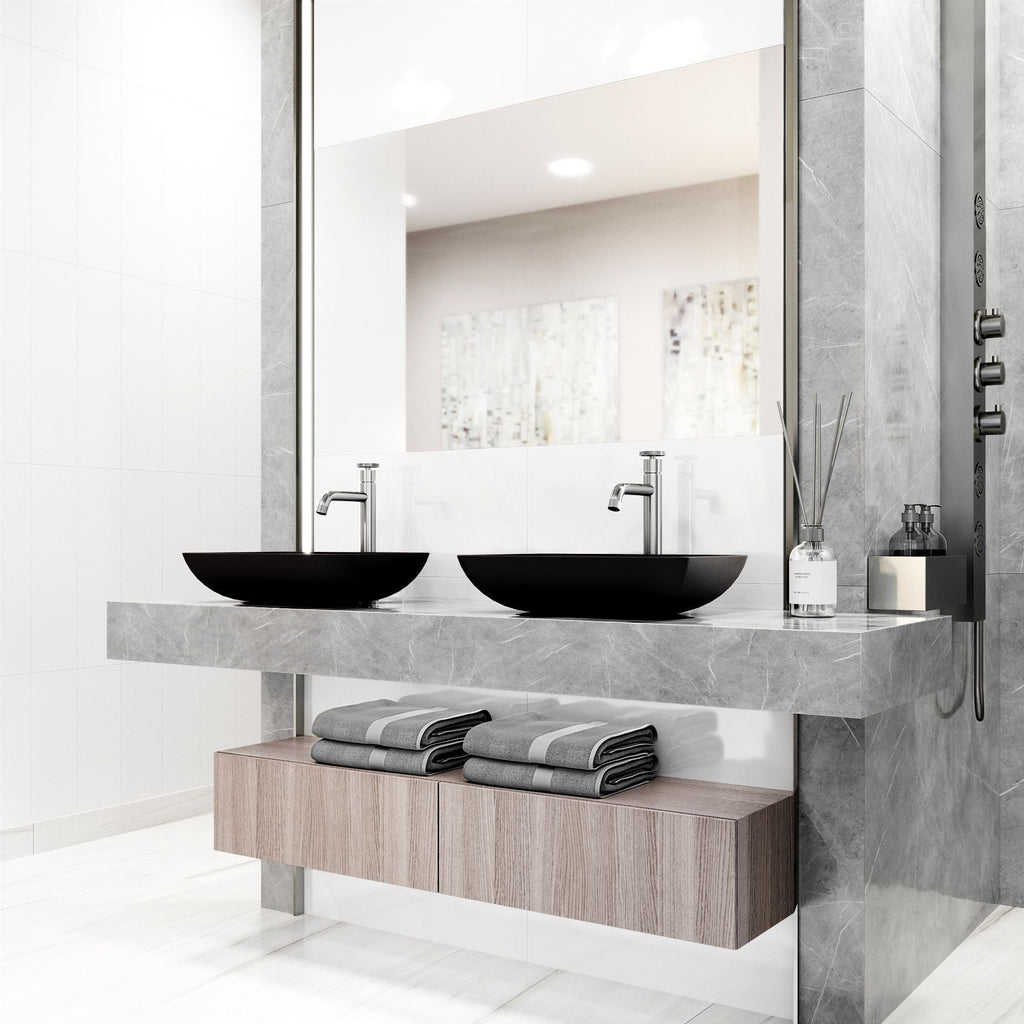 VIGO Sottile MatteShell Matte Black Bathroom Sink/Basin Set with Cass Faucet and Glass Rectangular Vessel
