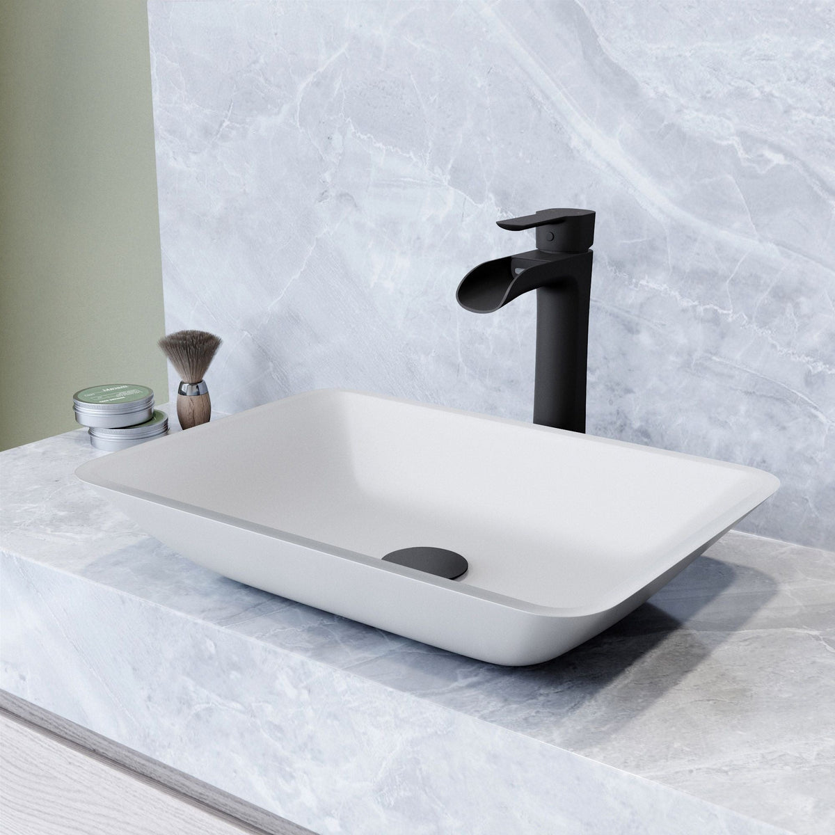 VIGO Sottile MatteShell White Bathroom Sink/Basin Set with Niko Faucet and Glass Rectangular Vessel