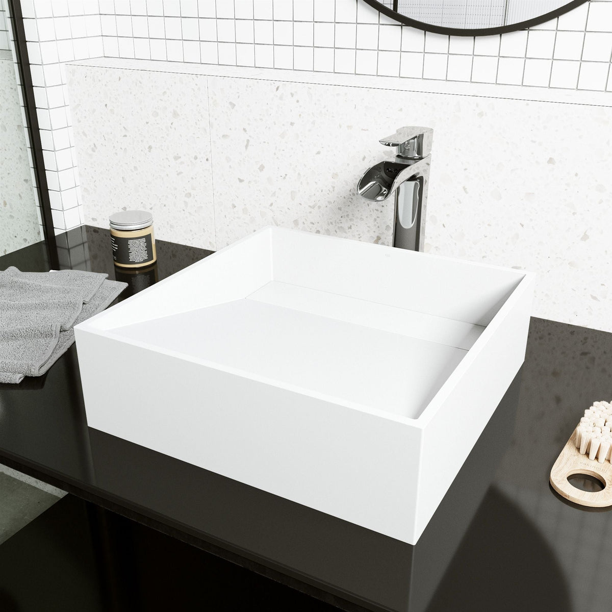 VIGO Starr Modern MatteStone 15x15-in Deep White Bathroom Sink/Basin with Square Vessel