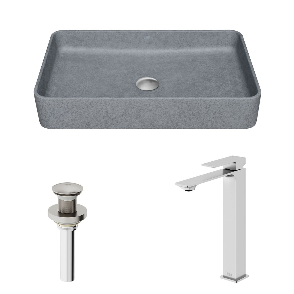 VIGO Tarragona Gothic ConcretoStone Grey Bathroom Sink/Basin Set with Dunn Faucet and Rectangular Vessel