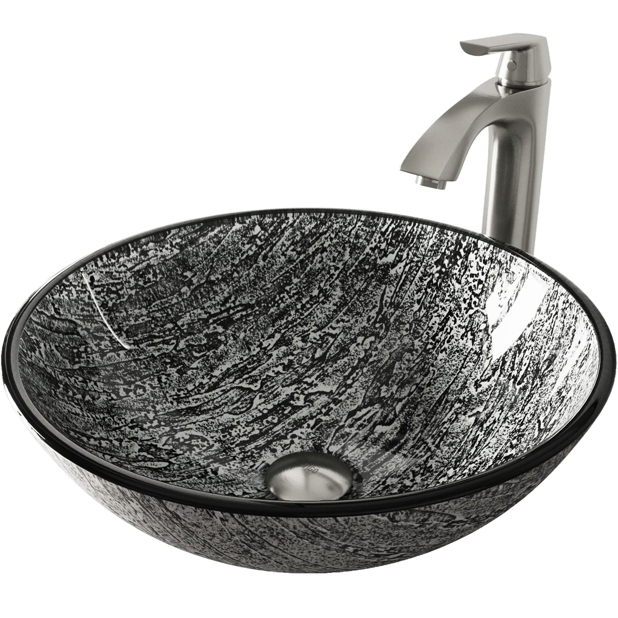 VIGO Titanium Glass Slate Grey Bathroom Sink/Basin Set with Linus Faucet and Round Vessel