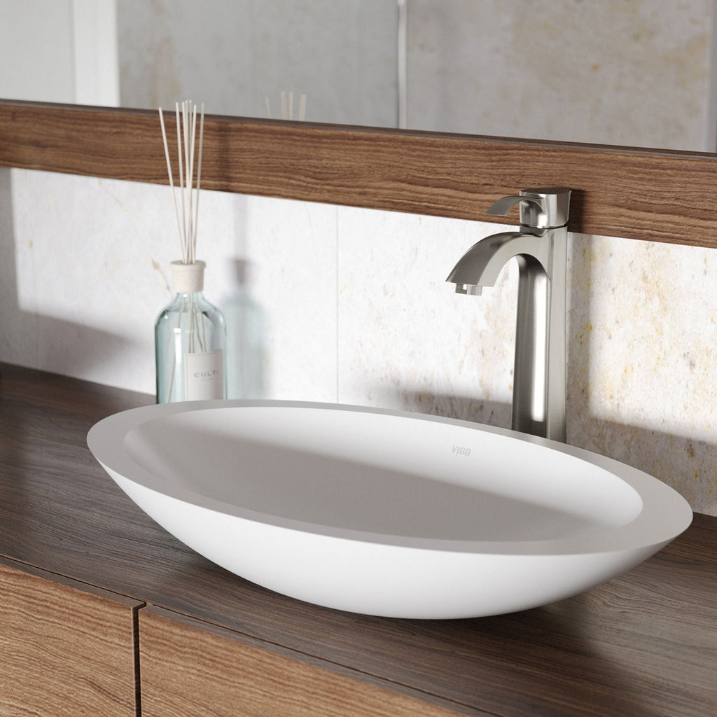 VIGO Wisteria Matte Stone Circular Vessel Bathroom Sink/Basin with Deep Bowl, White