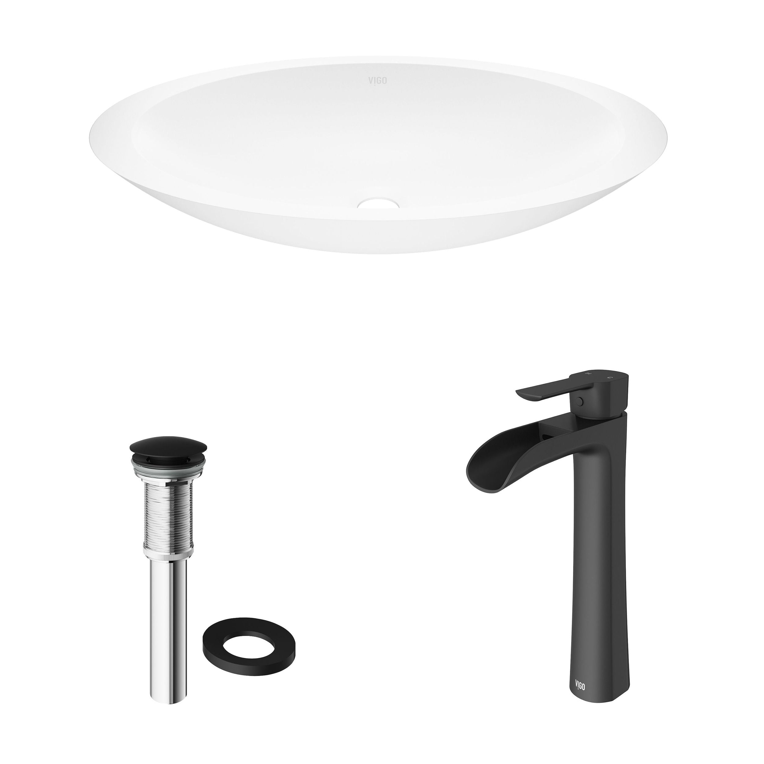 VIGO Wisteria MatteStone White Bathroom Sink/Basin Set with Niko Faucet and Oval Composite Vessel