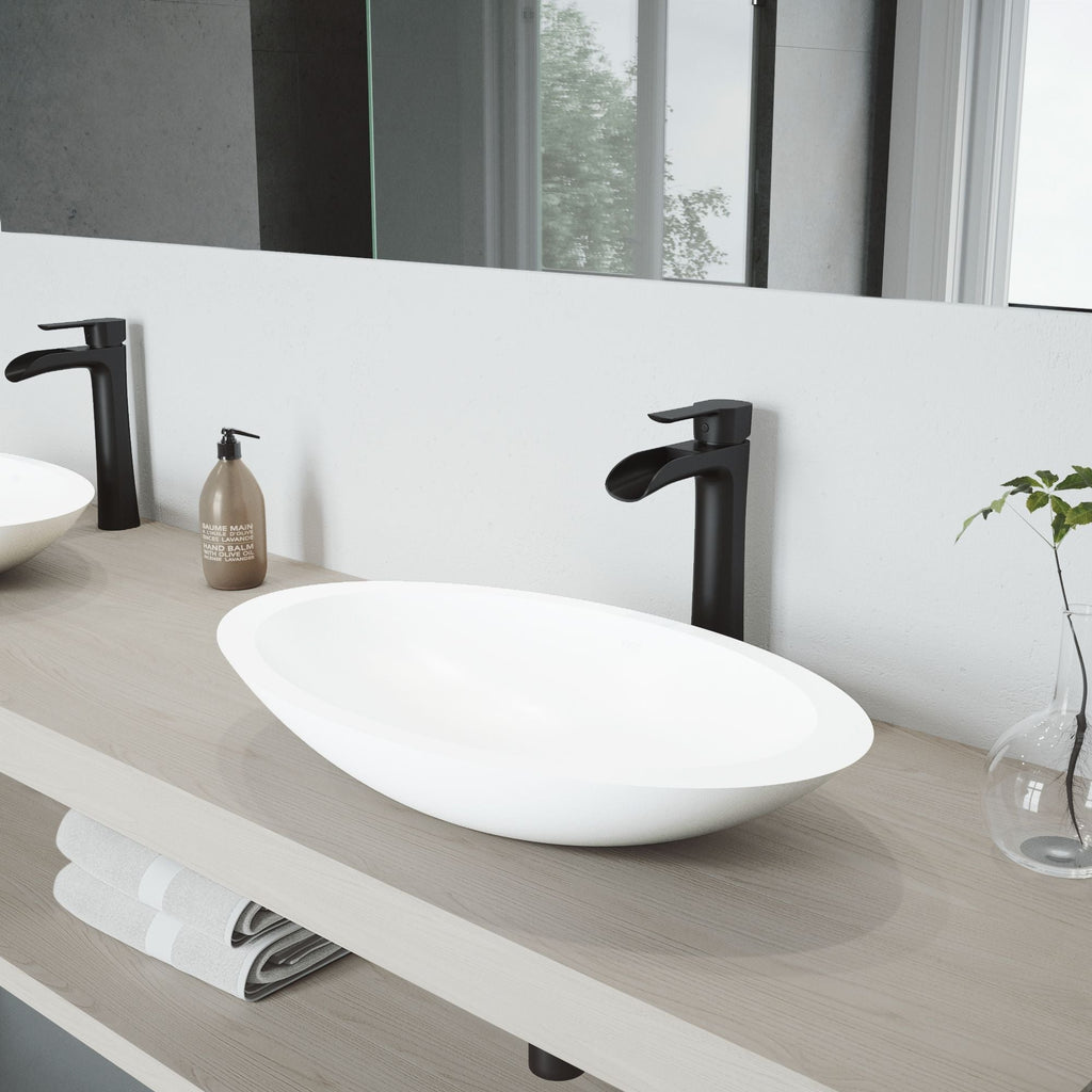 VIGO Wisteria MatteStone White Bathroom Sink/Basin Set with Niko Faucet and Oval Composite Vessel